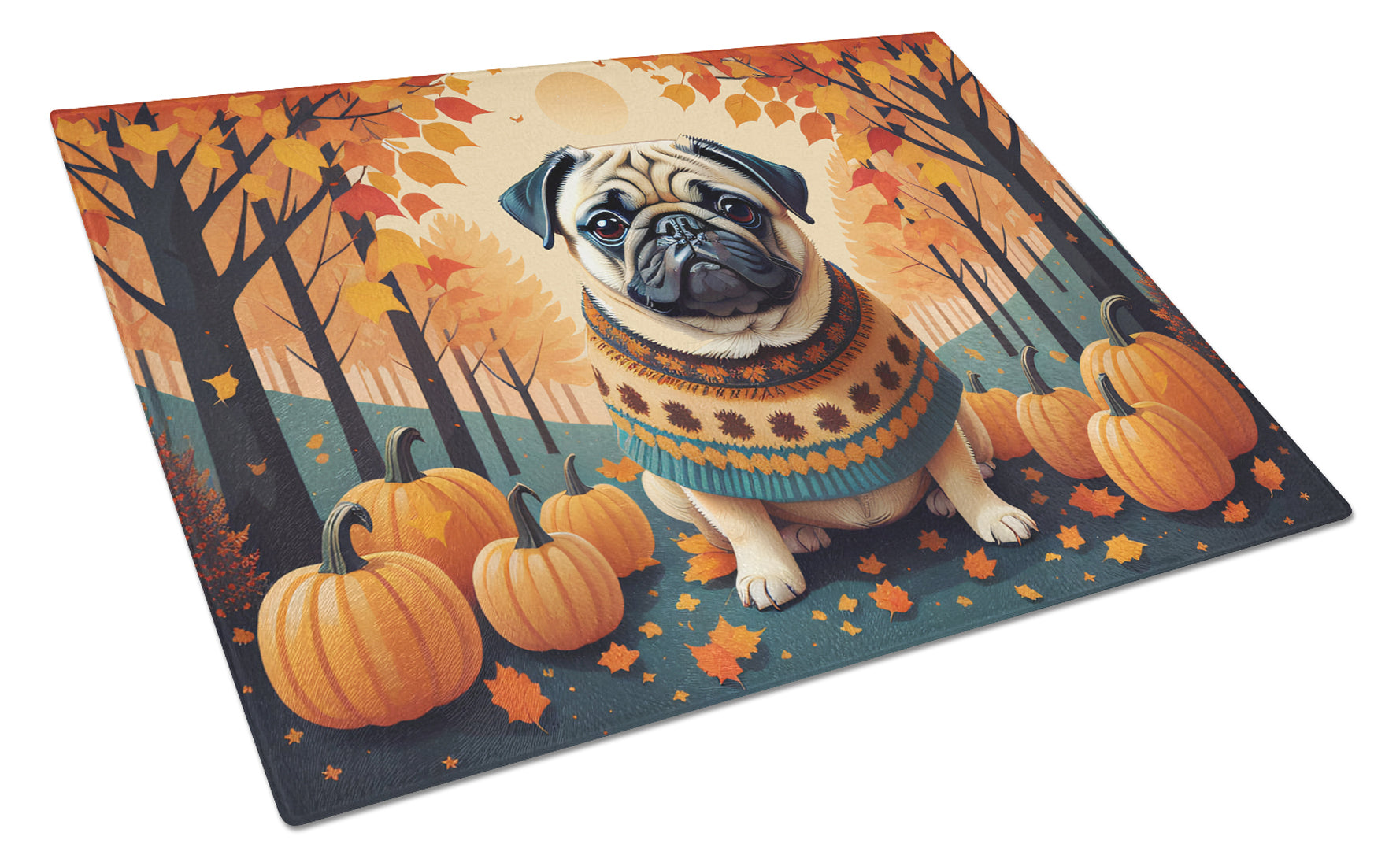 Fawn Pug Fall Cutting Board Tempered Glass Kitchen Cutting Surface, Heat Resistant Chopping, Non-Slip Feet, Food Prep & Serving