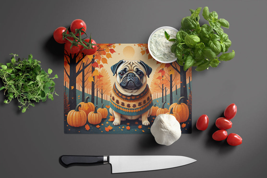 Fawn Pug Fall Cutting Board Tempered Glass Kitchen Cutting Surface, Heat Resistant Chopping, Non-Slip Feet, Food Prep & Serving