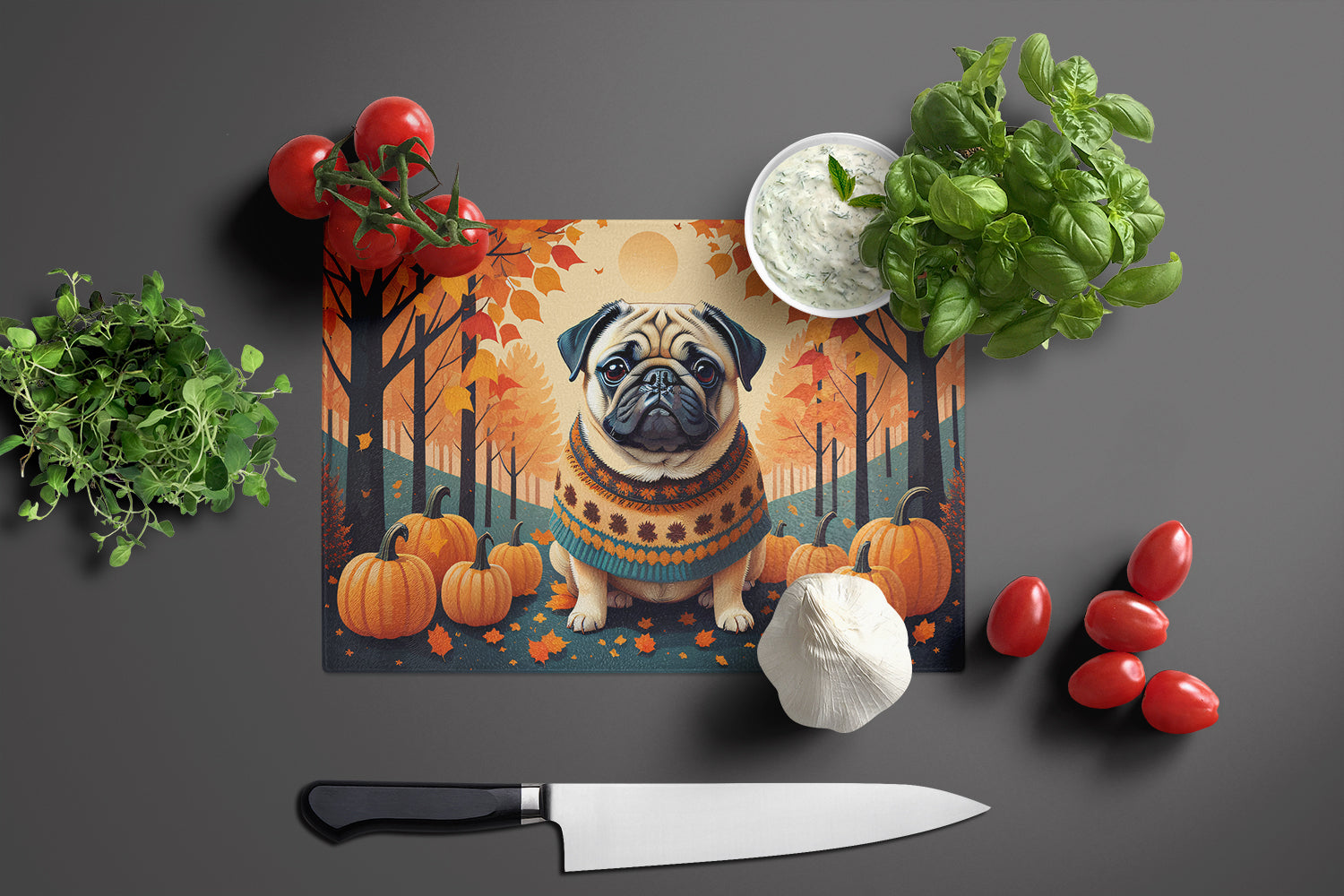 Fawn Pug Fall Cutting Board Tempered Glass Kitchen Cutting Surface, Heat Resistant Chopping, Non-Slip Feet, Food Prep & Serving
