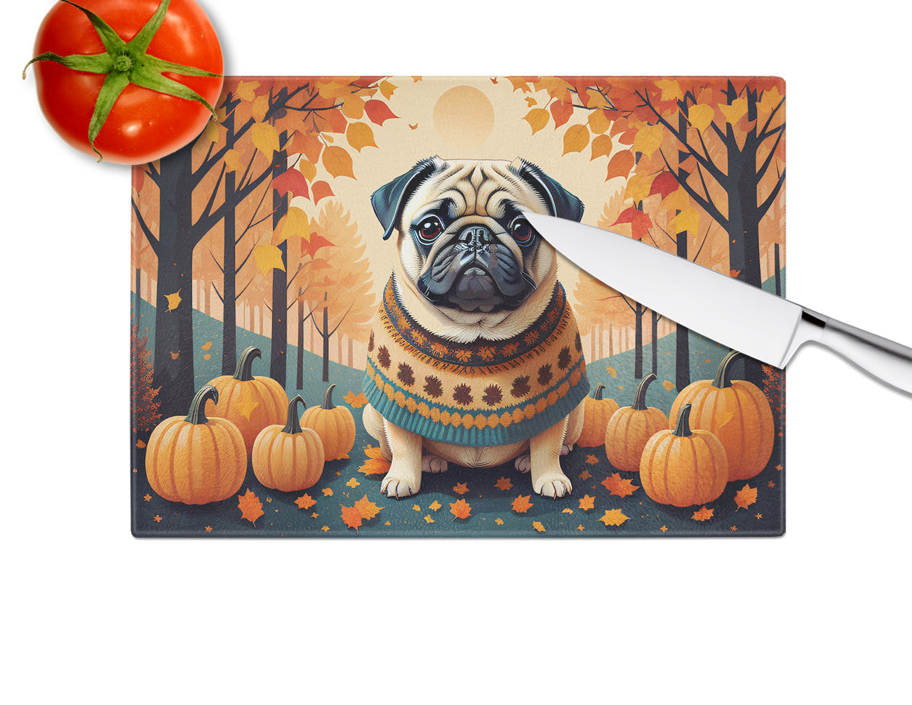 Fawn Pug Fall Cutting Board Tempered Glass Kitchen Cutting Surface, Heat Resistant Chopping, Non-Slip Feet, Food Prep & Serving