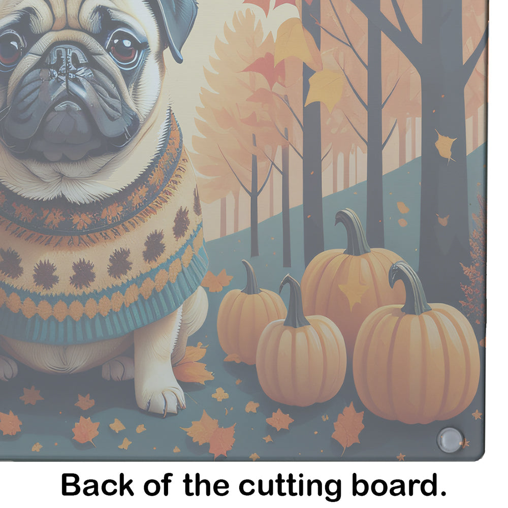Fawn Pug Fall Cutting Board Tempered Glass Kitchen Cutting Surface, Heat Resistant Chopping, Non-Slip Feet, Food Prep & Serving