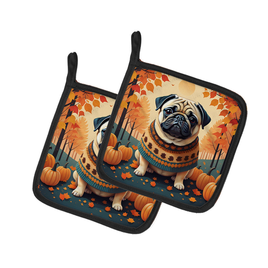 Fawn Pug Fall Pot Holder Set of 2 Heat Resistant Quilted Hot Pads 7.5 x 7.5 Inch, Insulated Kitchen Trivets for Cooking & Baking