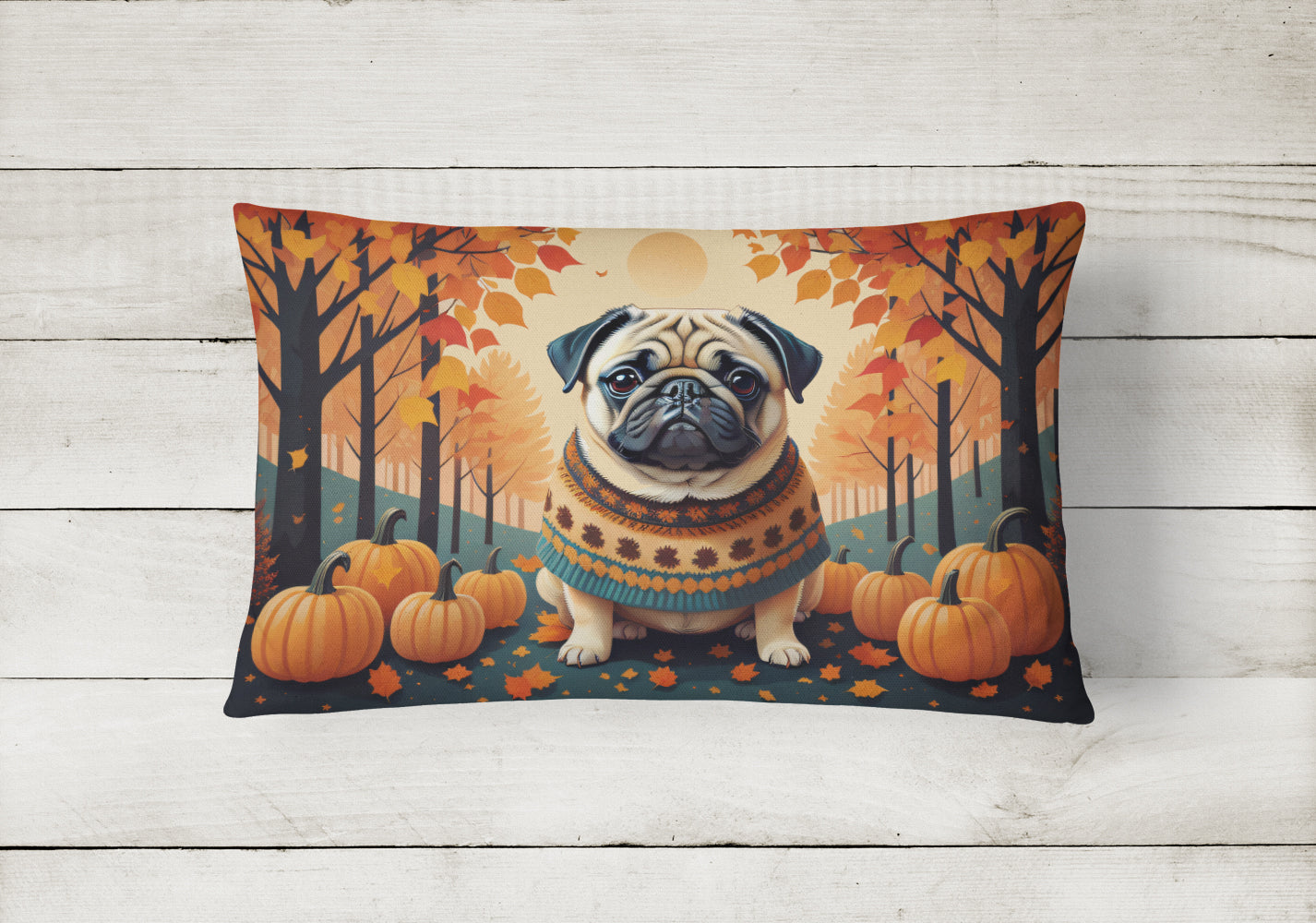 Fawn Pug Fall Decorative Throw Pillow 12x16 Indoor Outdoor Accent Cushion, Fabric Cover with Insert for Sofa, Bed, Porch & Living Room