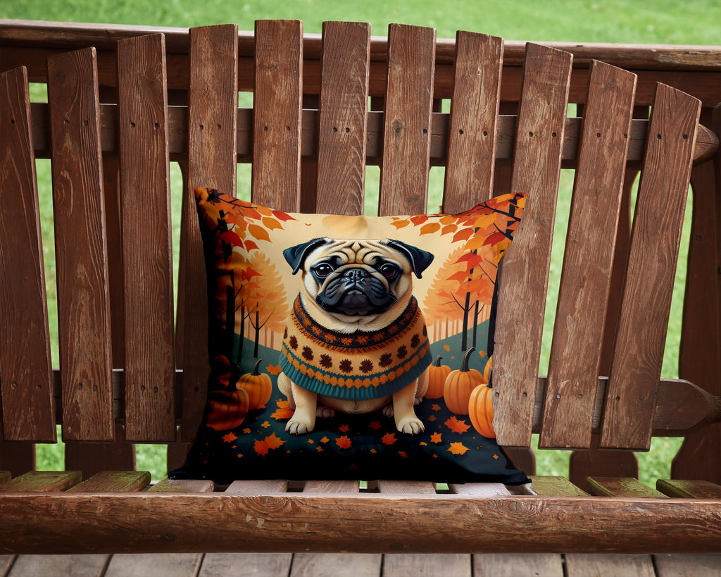 Fawn Pug Fall Decorative Throw Pillow 14x14 Indoor Outdoor Accent Cushion, Fabric Cover with Insert for Sofa, Bed, Porch & Living Room