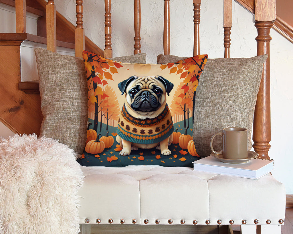 Fawn Pug Fall Decorative Throw Pillow 14x14 Indoor Outdoor Accent Cushion, Fabric Cover with Insert for Sofa, Bed, Porch & Living Room