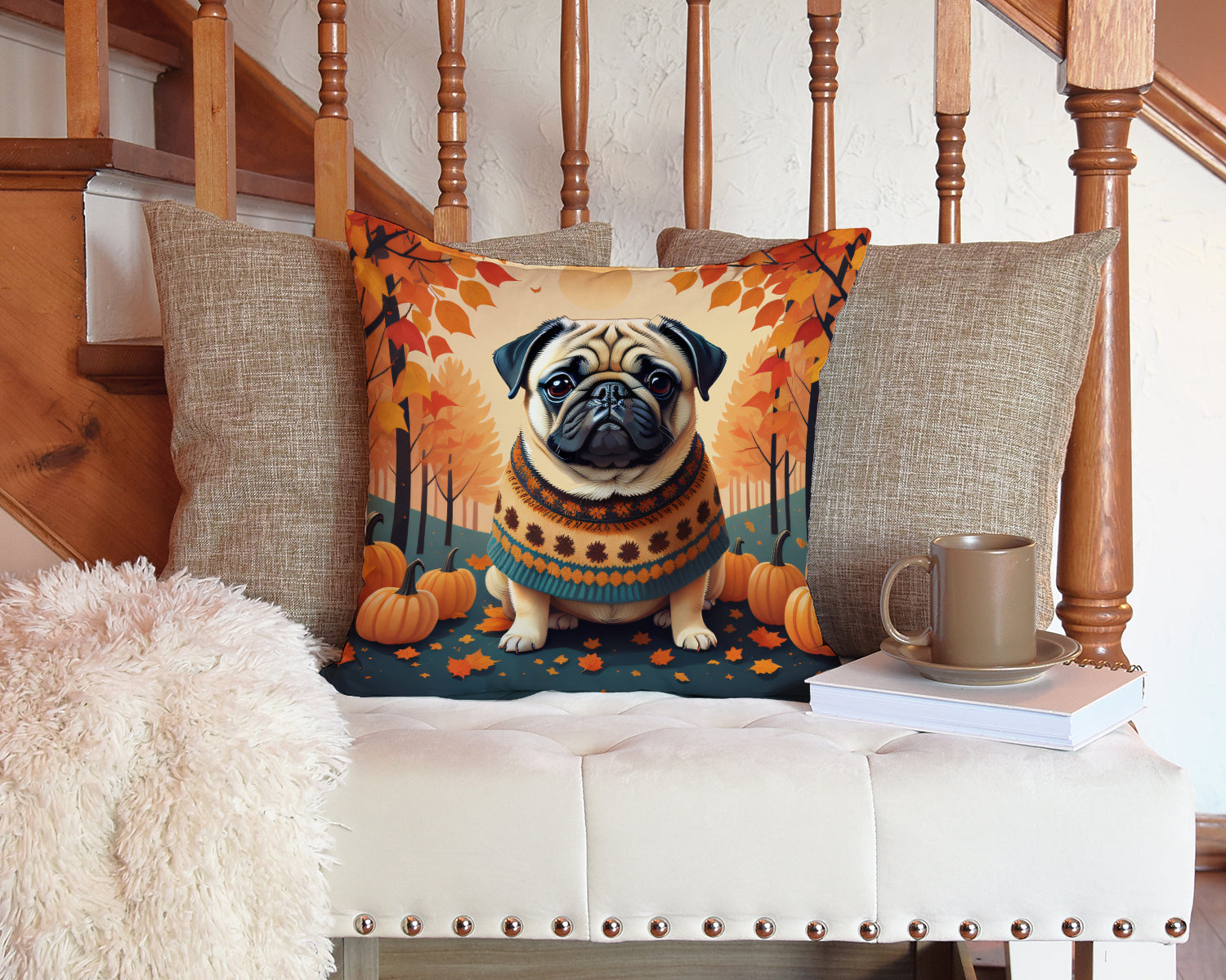 Fawn Pug Fall Decorative Throw Pillow 14x14 Indoor Outdoor Accent Cushion, Fabric Cover with Insert for Sofa, Bed, Porch & Living Room