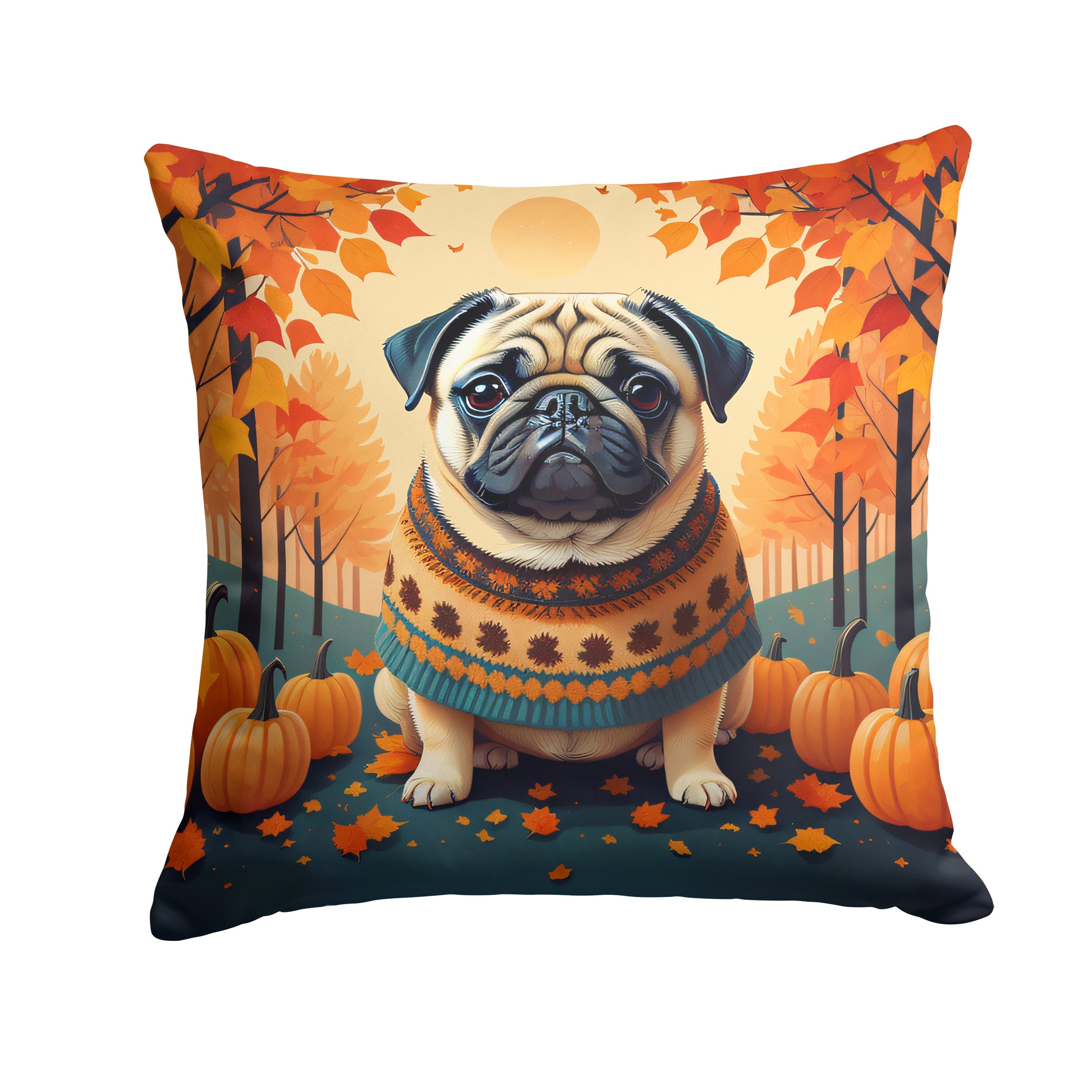 Fawn Pug Fall Decorative Throw Pillow 18x18 Indoor Outdoor Accent Cushion, Fabric Cover with Insert for Sofa, Bed, Porch & Living Room