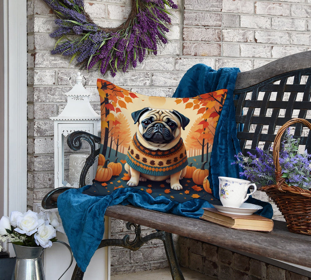 Fawn Pug Fall Decorative Throw Pillow 18x18 Indoor Outdoor Accent Cushion, Fabric Cover with Insert for Sofa, Bed, Porch & Living Room