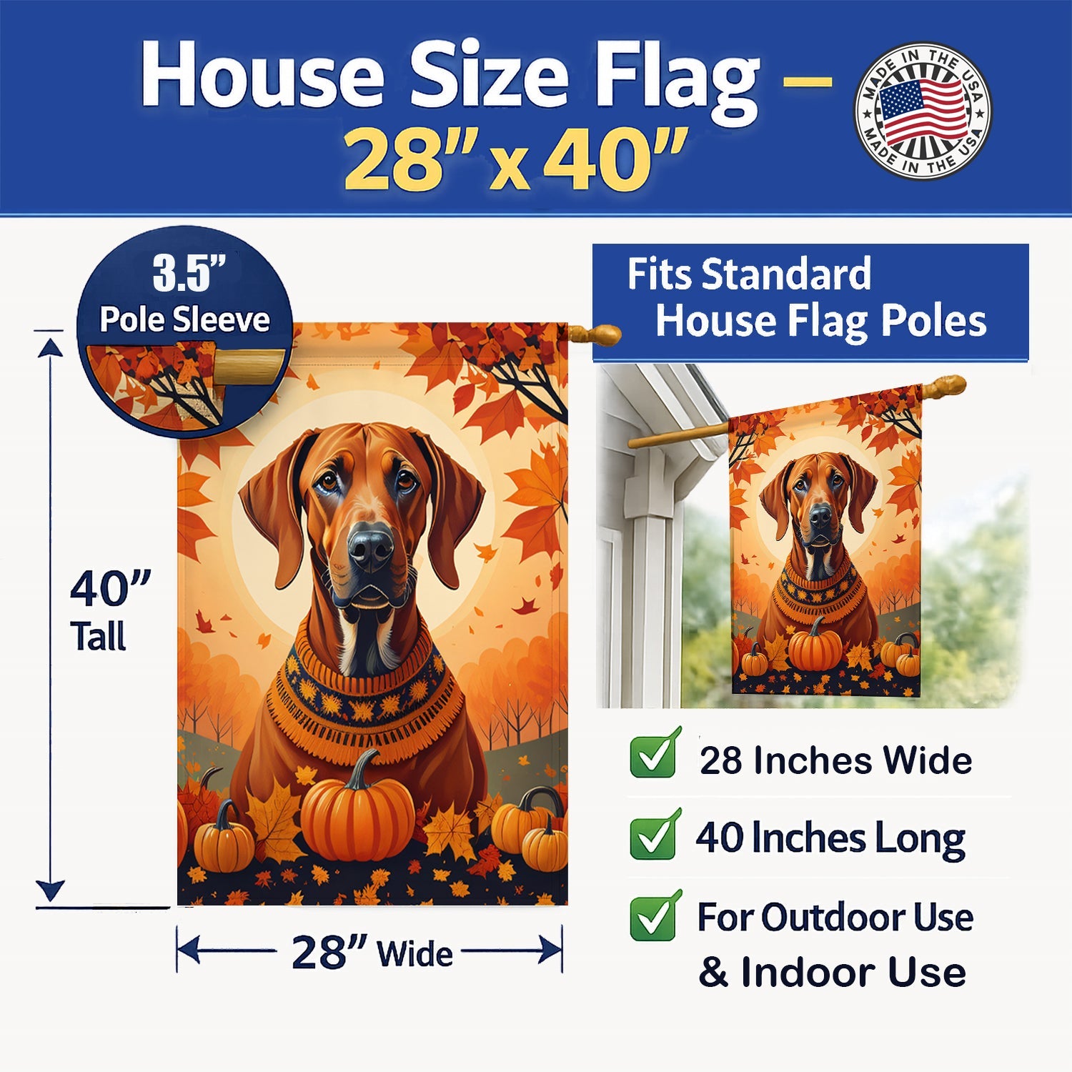 Rhodesian Ridgeback Fall House Flag 28x40 Porch Sleeve Pole Decorative Outside Yard Banner Artwork Wall Hanging, Polyester