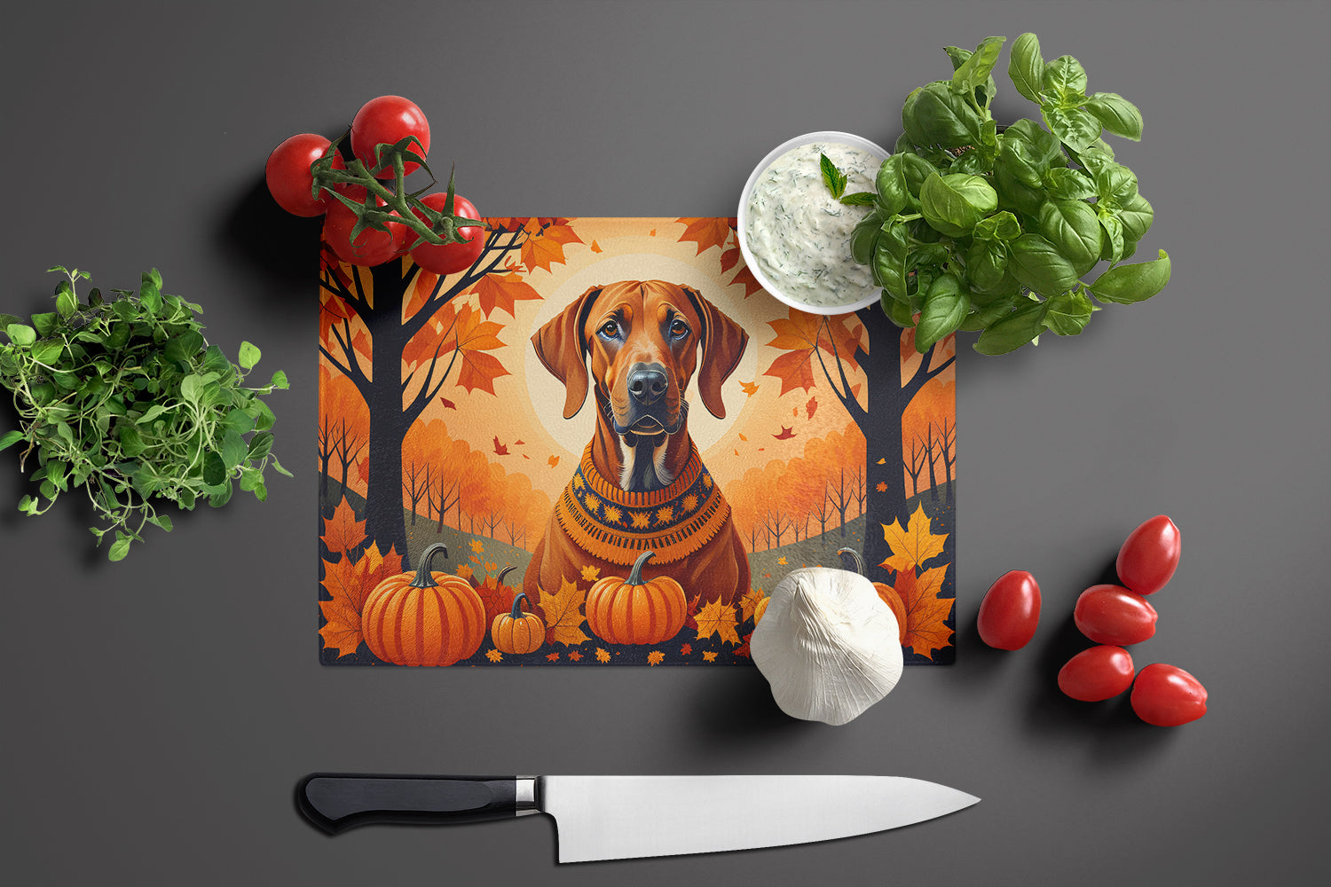 Rhodesian Ridgeback Fall Cutting Board Tempered Glass Kitchen Cutting Surface, Heat Resistant Chopping, Non-Slip Feet, Food Prep & Serving