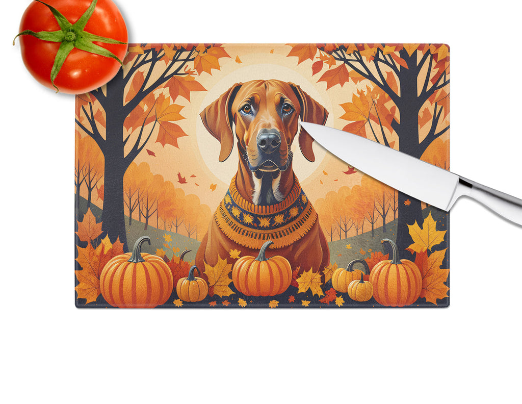 Rhodesian Ridgeback Fall Cutting Board Tempered Glass Kitchen Cutting Surface, Heat Resistant Chopping, Non-Slip Feet, Food Prep & Serving
