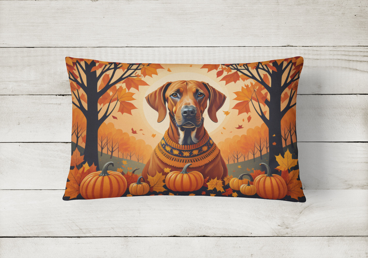 Rhodesian Ridgeback Fall Decorative Throw Pillow 12x16 Indoor Outdoor Accent Cushion, Fabric Cover with Insert for Sofa, Bed, Porch & Living Room