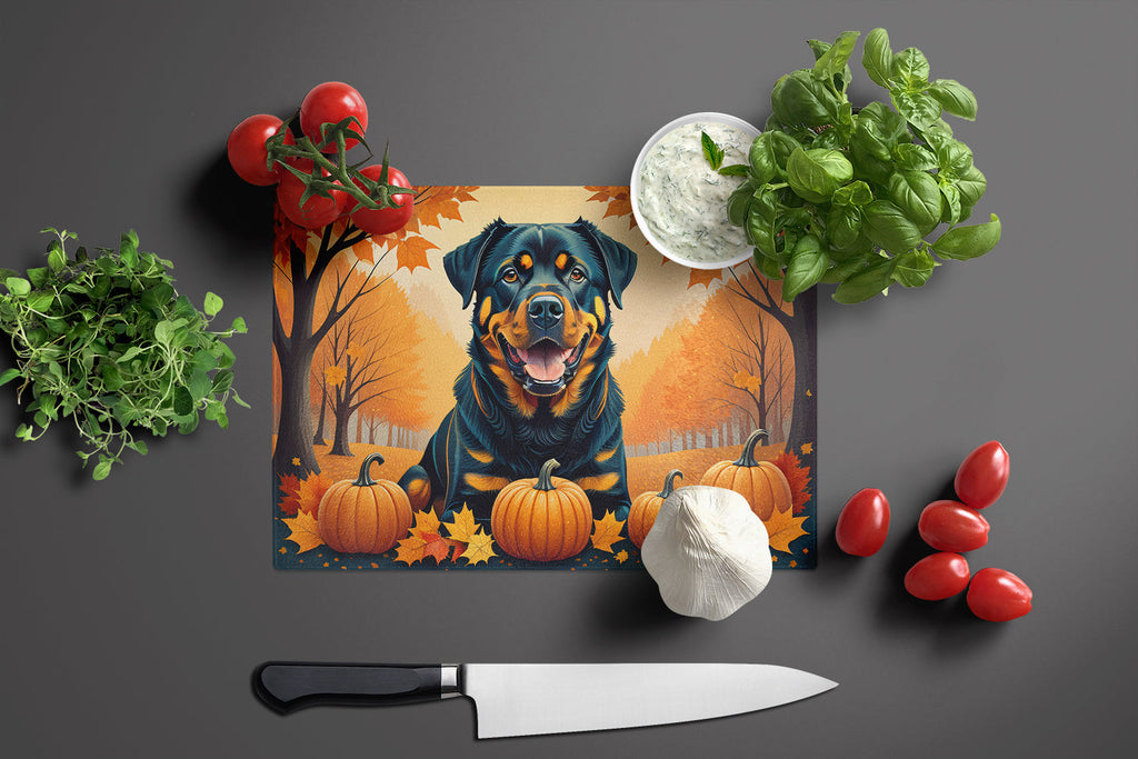 Rottweiler Fall Cutting Board Tempered Glass Kitchen Cutting Surface, Heat Resistant Chopping, Non-Slip Feet, Food Prep & Serving