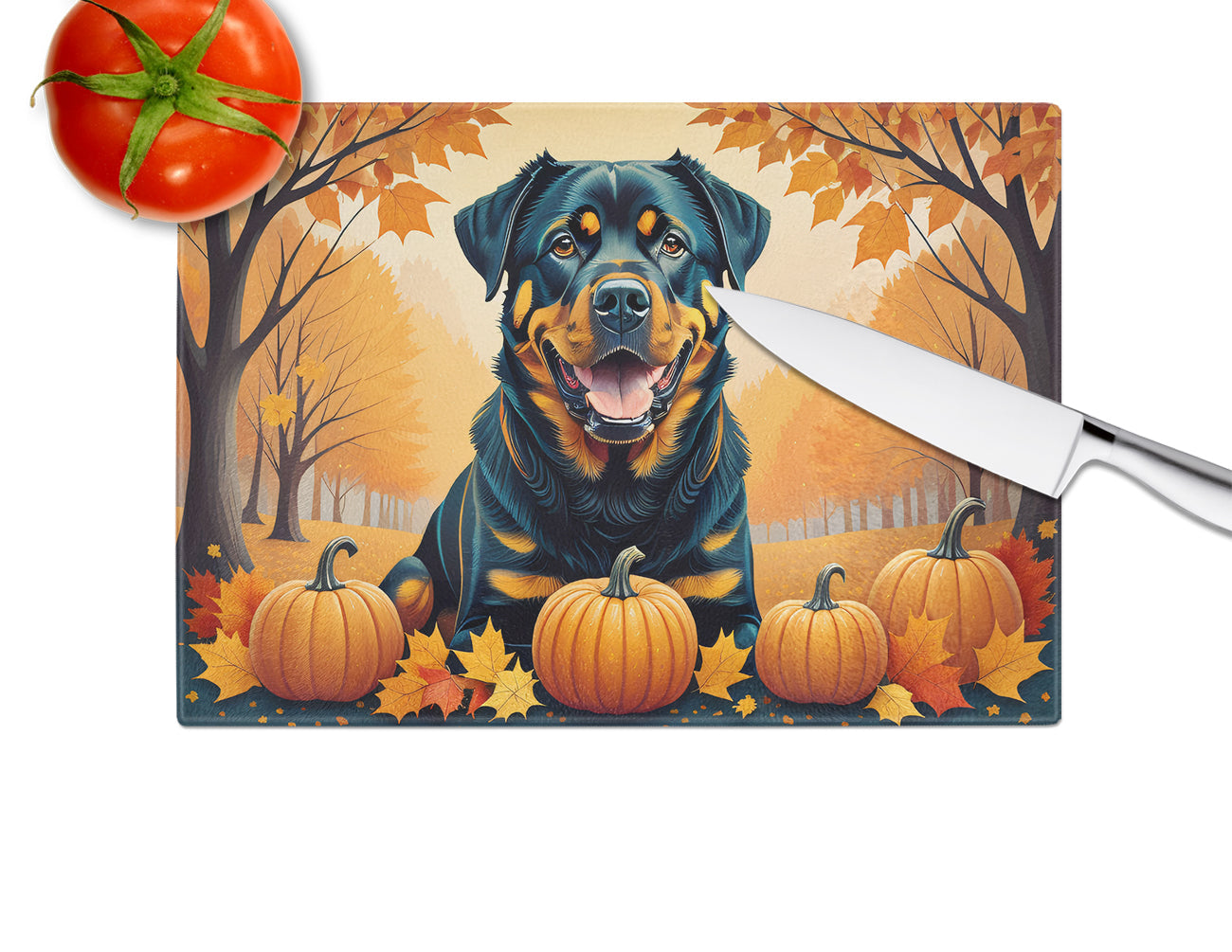 Rottweiler Fall Cutting Board Tempered Glass Kitchen Cutting Surface, Heat Resistant Chopping, Non-Slip Feet, Food Prep & Serving