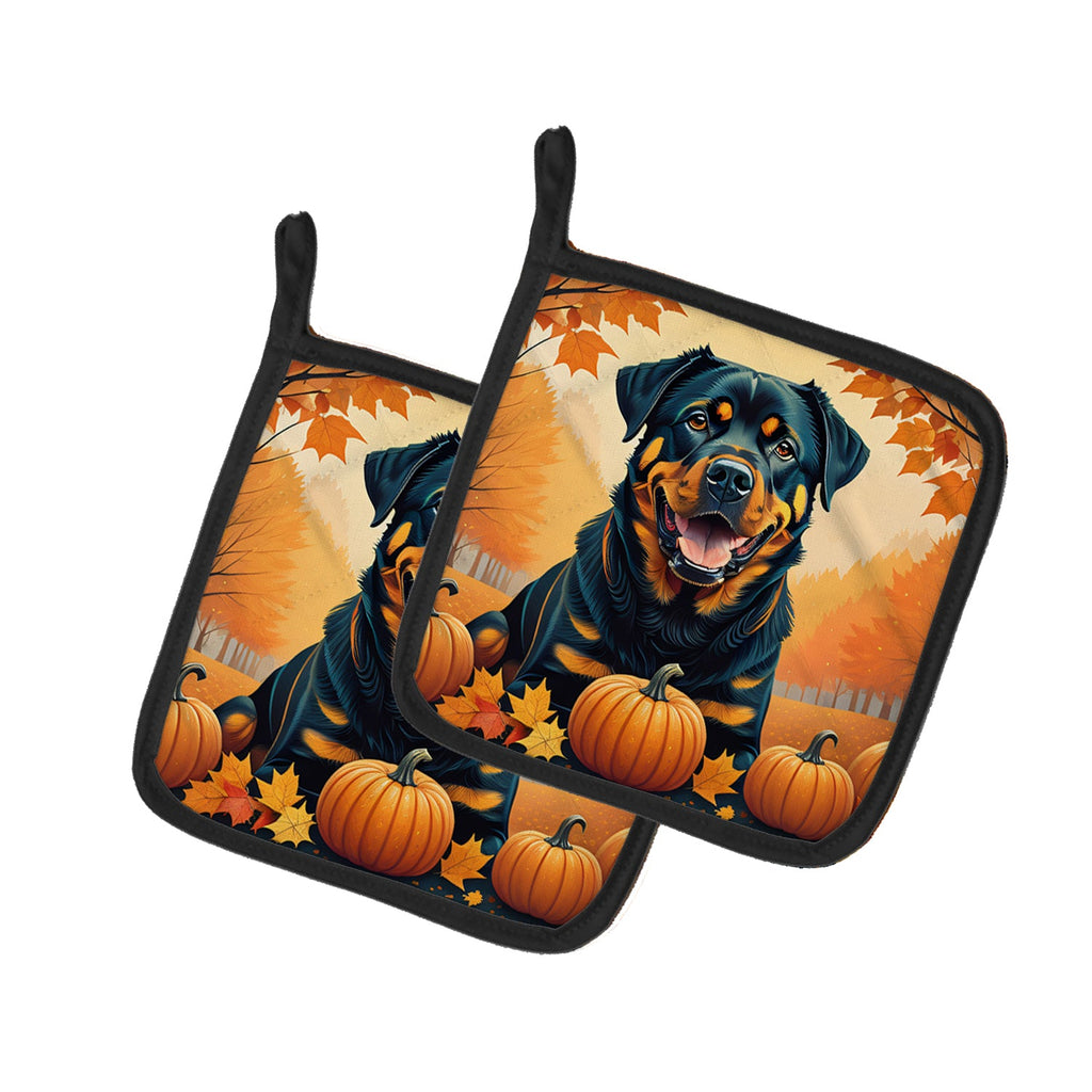 Rottweiler Fall Pot Holder Set of 2 Heat Resistant Quilted Hot Pads 7.5 x 7.5 Inch, Insulated Kitchen Trivets for Cooking & Baking