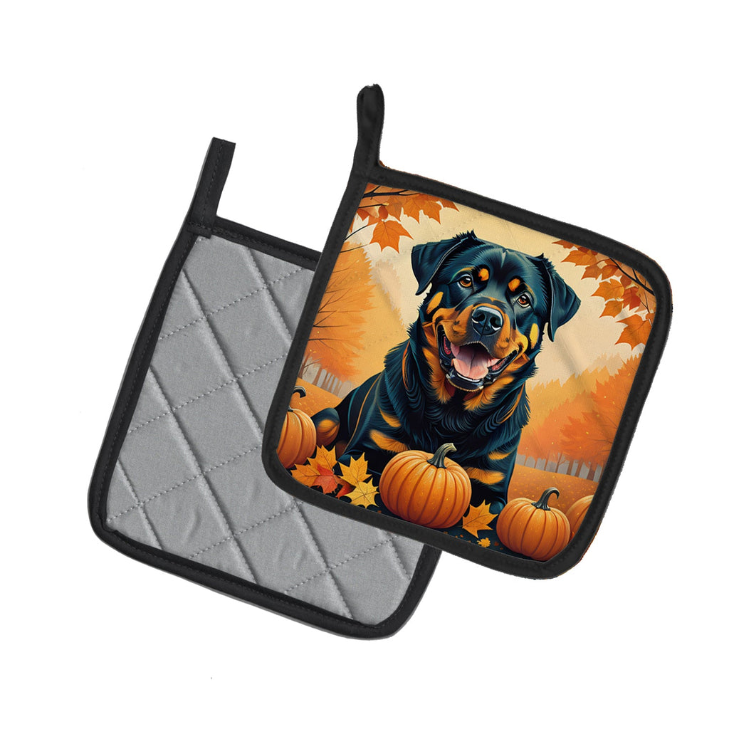 Rottweiler Fall Pot Holder Set of 2 Heat Resistant Quilted Hot Pads 7.5 x 7.5 Inch, Insulated Kitchen Trivets for Cooking & Baking