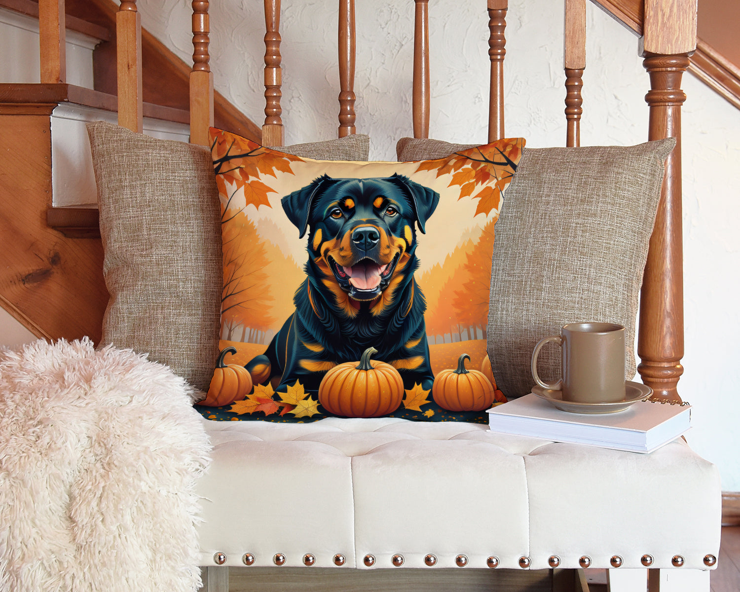 Rottweiler Fall Decorative Throw Pillow 14x14 Indoor Outdoor Accent Cushion, Fabric Cover with Insert for Sofa, Bed, Porch & Living Room