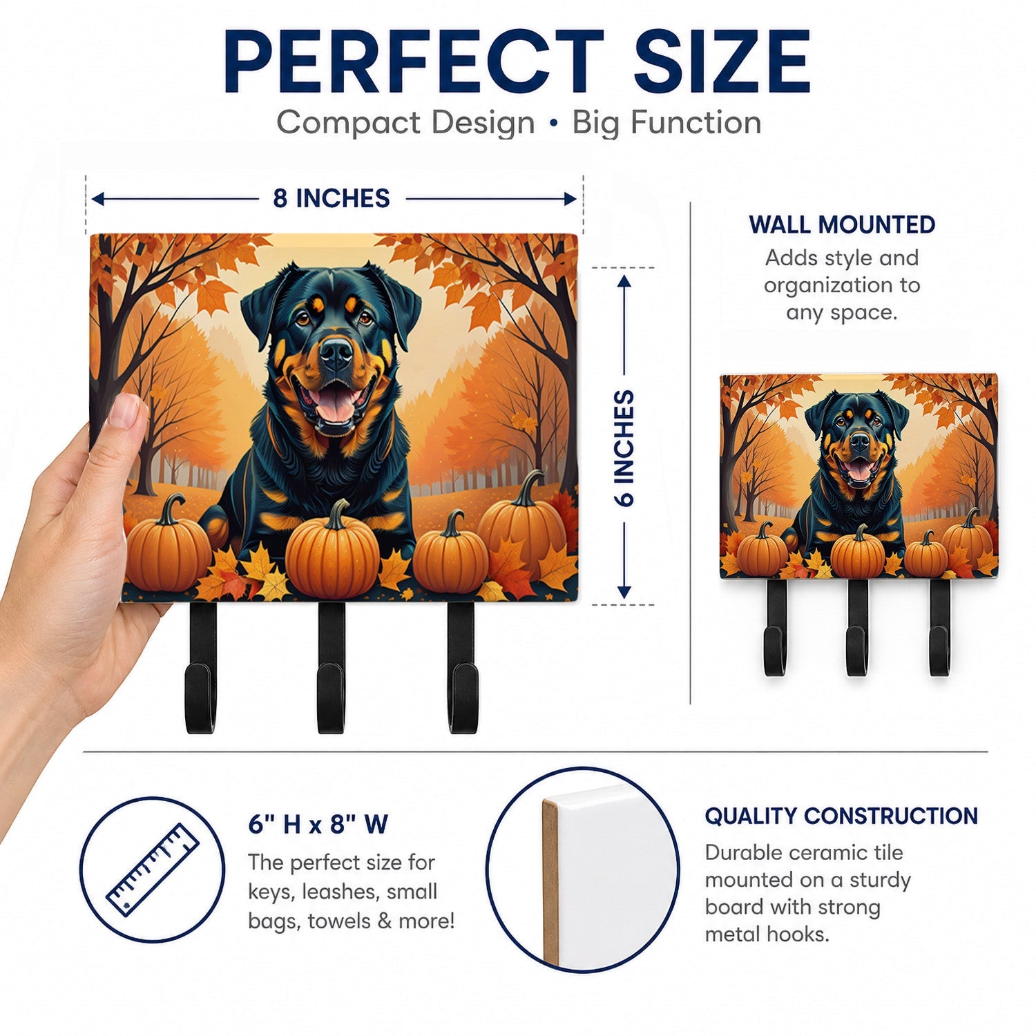 Rottweiler Fall Leash or Key Holder Wall Hooks, Coat Rack Wall Mount, for Hanging Keys, Towels, Aprons, Leashes