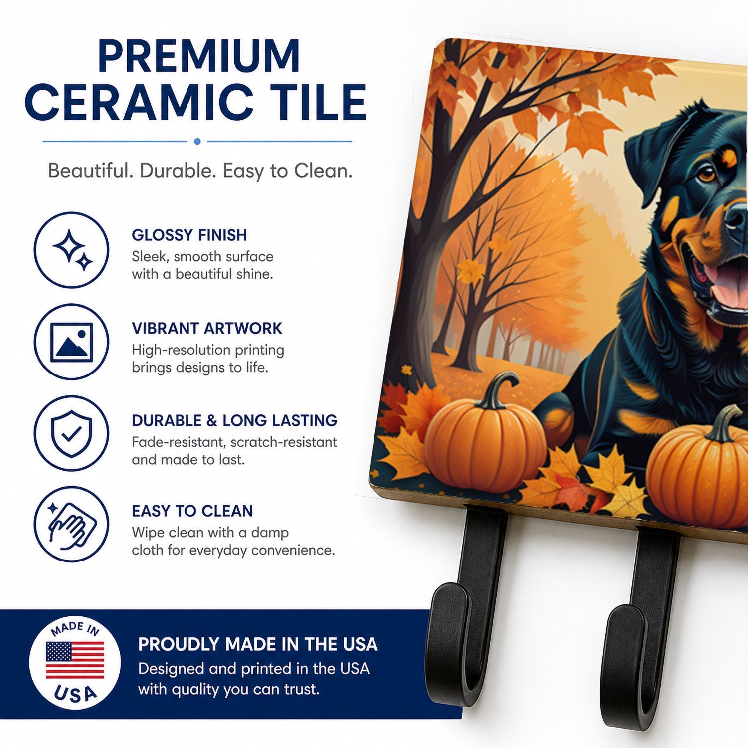 Rottweiler Fall Leash or Key Holder Wall Hooks, Coat Rack Wall Mount, for Hanging Keys, Towels, Aprons, Leashes