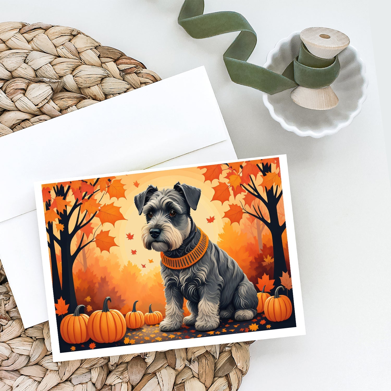 Schnauzer Fall Greeting Cards Pack of 8 Blank Cards with Envelopes Whimsical A7 Size 5x7