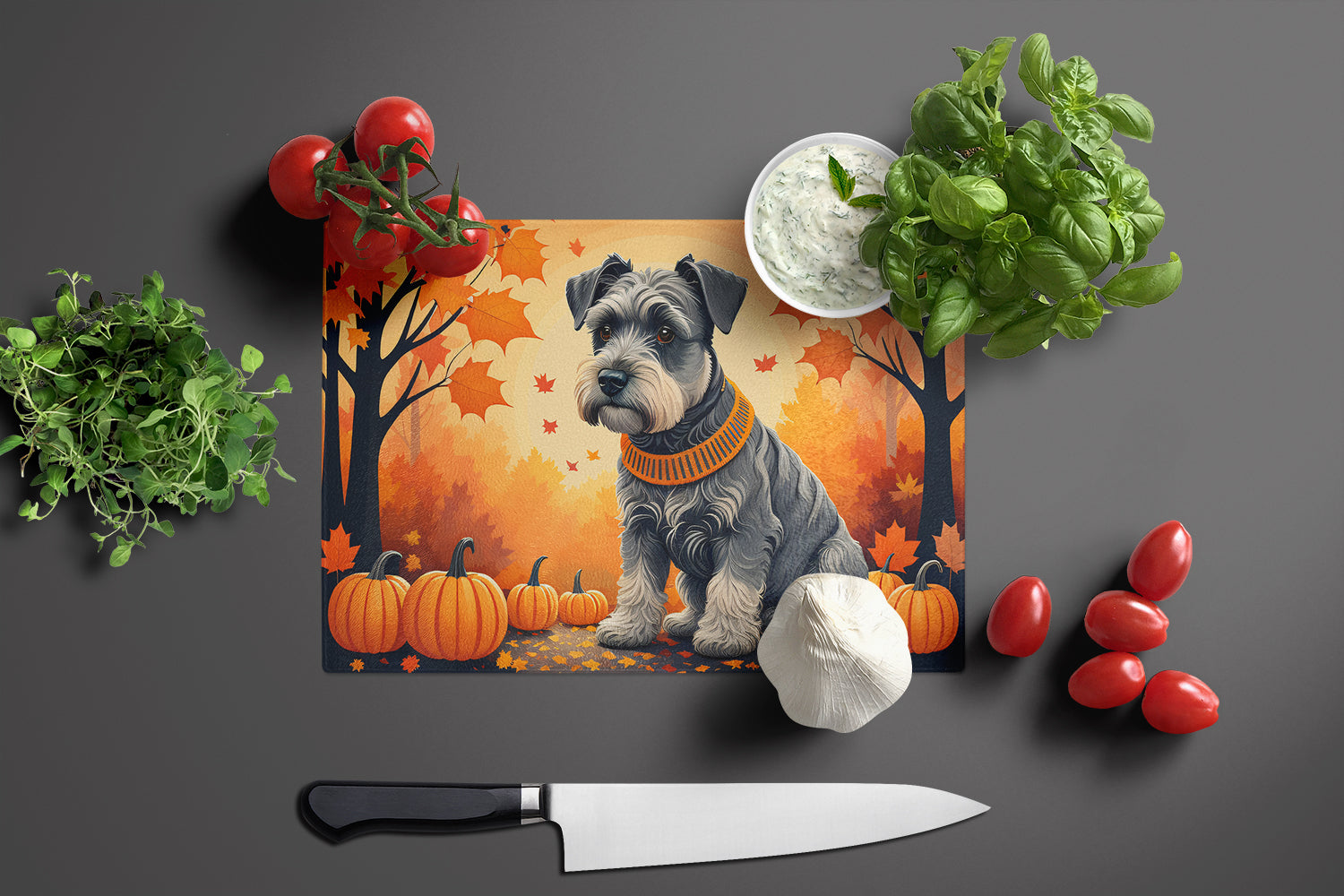 Schnauzer Fall Cutting Board Tempered Glass Kitchen Cutting Surface, Heat Resistant Chopping, Non-Slip Feet, Food Prep & Serving