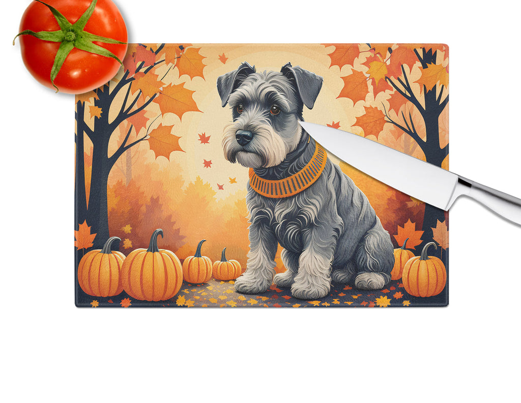 Schnauzer Fall Cutting Board Tempered Glass Kitchen Cutting Surface, Heat Resistant Chopping, Non-Slip Feet, Food Prep & Serving