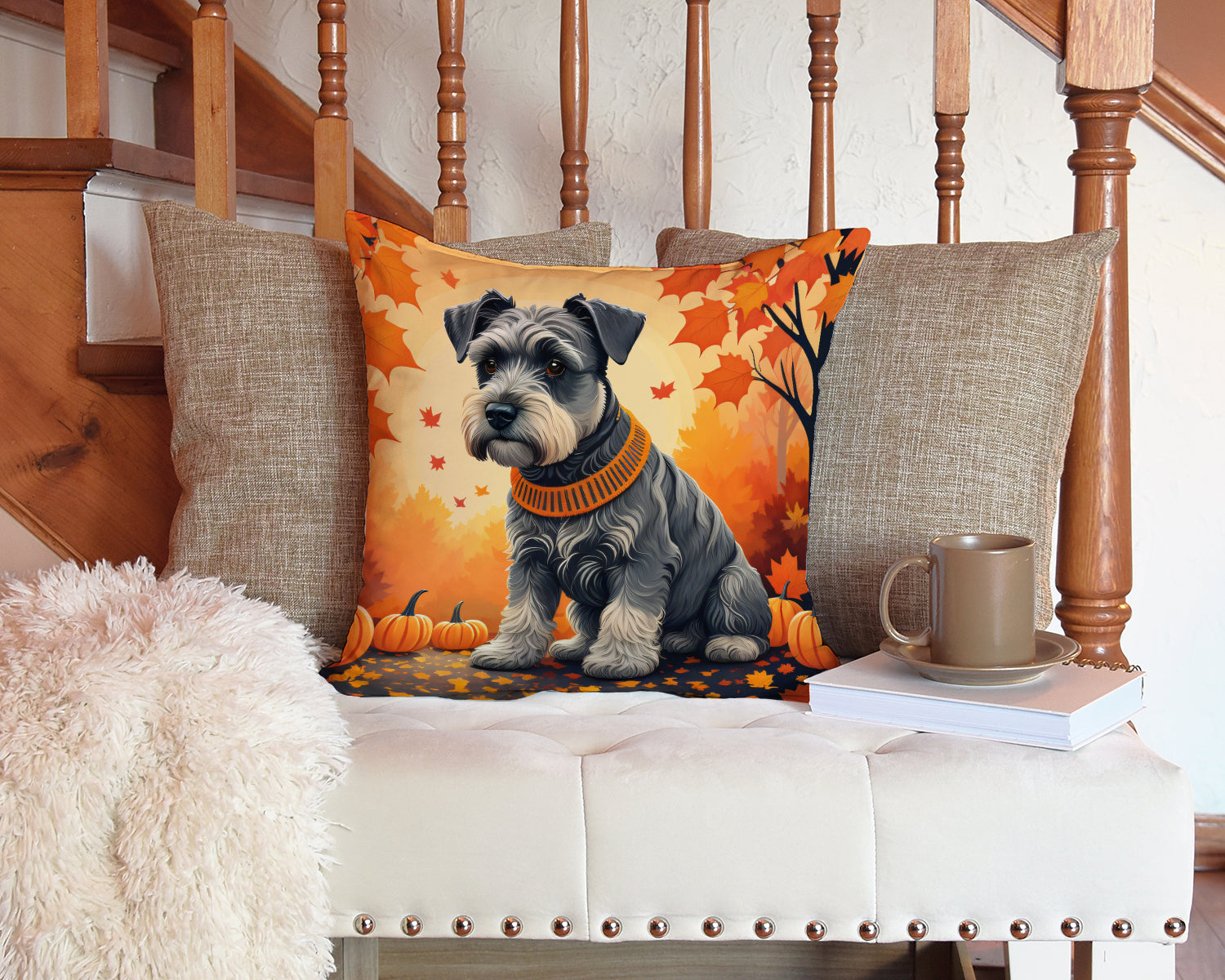Schnauzer Fall Decorative Throw Pillow 14x14 Indoor Outdoor Accent Cushion, Fabric Cover with Insert for Sofa, Bed, Porch & Living Room