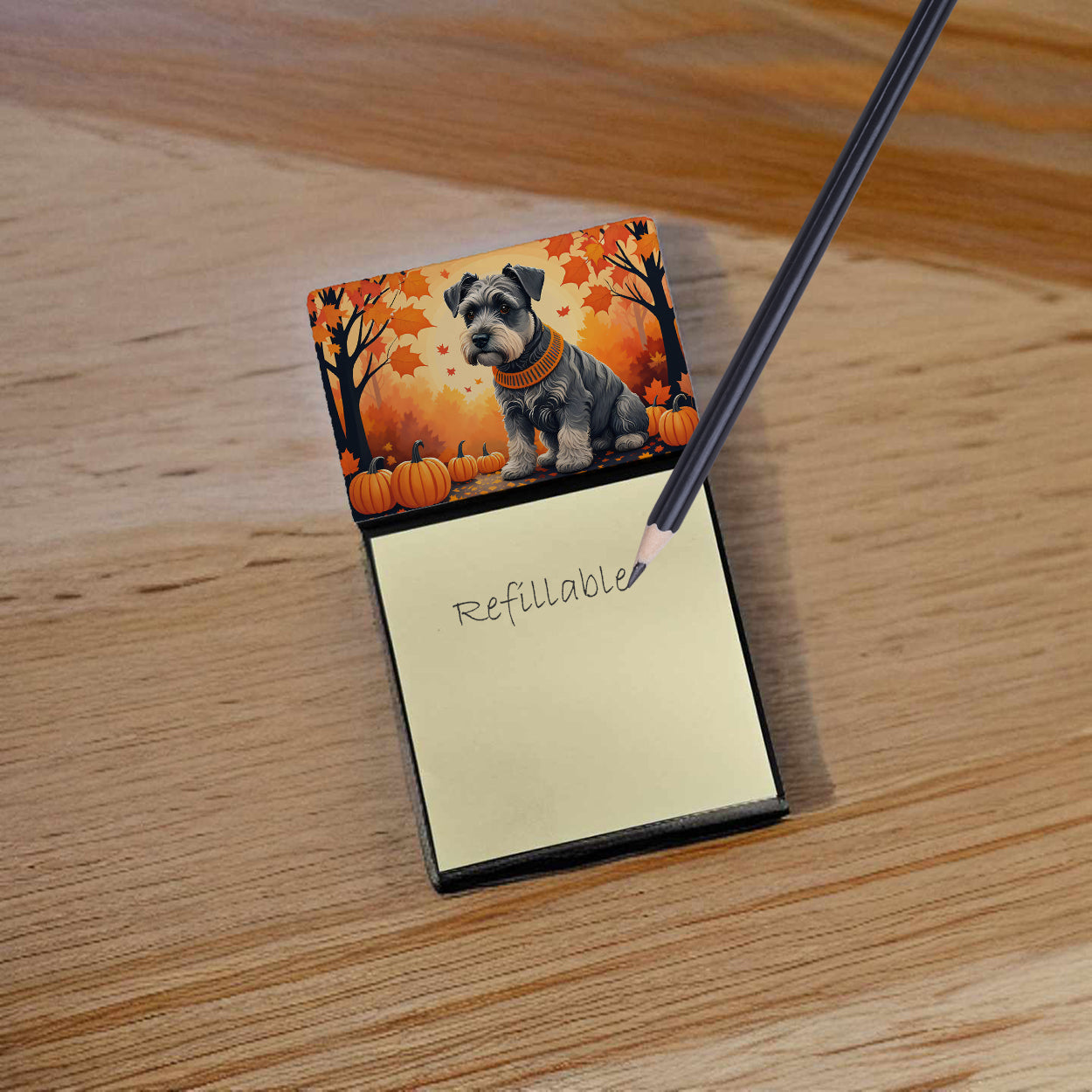 Schnauzer Fall Watercolor Sticky Note Holder Refillable Dispenser Desk Accessory 3x3 Pad Gift