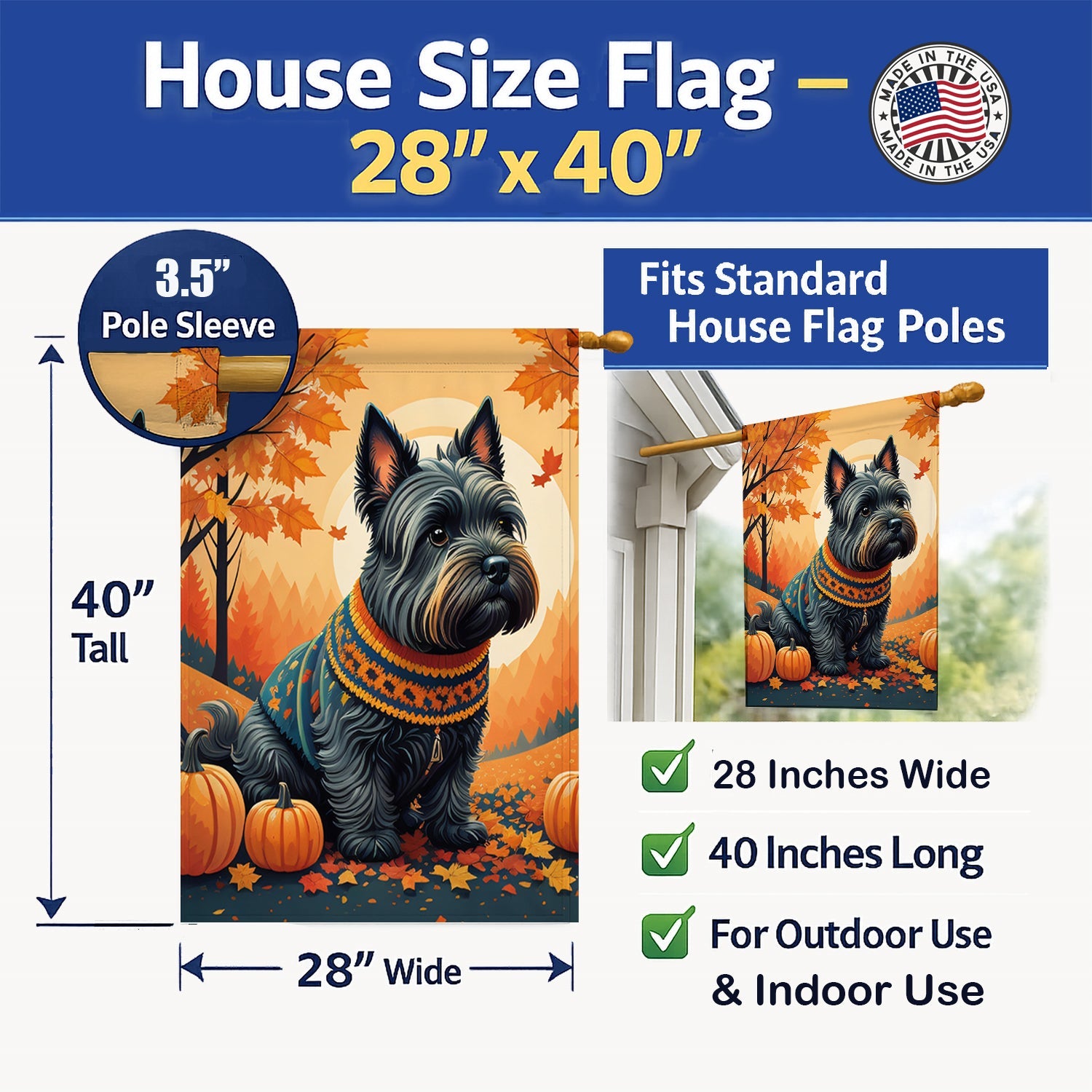 Scottish Terrier Fall House Flag 28x40 Porch Sleeve Pole Decorative Outside Yard Banner Artwork Wall Hanging, Polyester