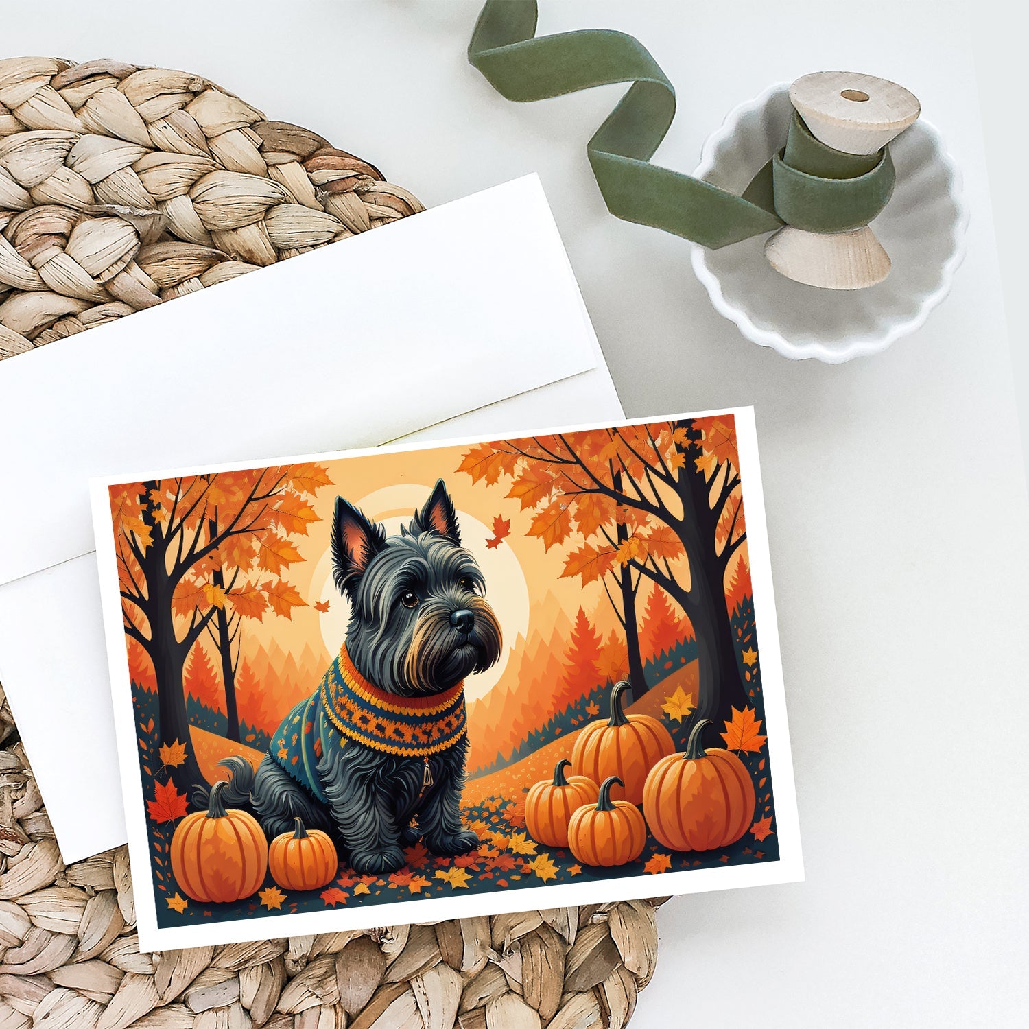 Scottish Terrier Fall Greeting Cards Pack of 8 Blank Cards with Envelopes Whimsical A7 Size 5x7