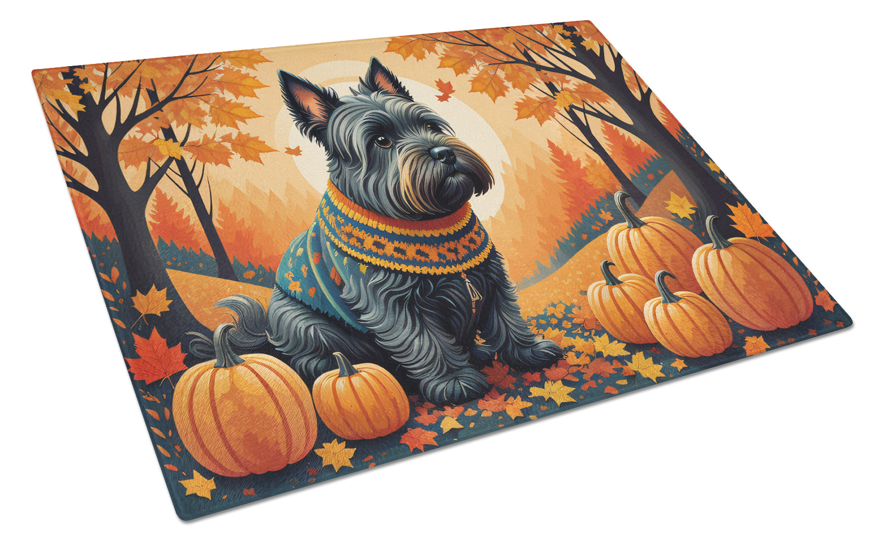 Scottish Terrier Fall Cutting Board Tempered Glass Kitchen Cutting Surface, Heat Resistant Chopping, Non-Slip Feet, Food Prep & Serving