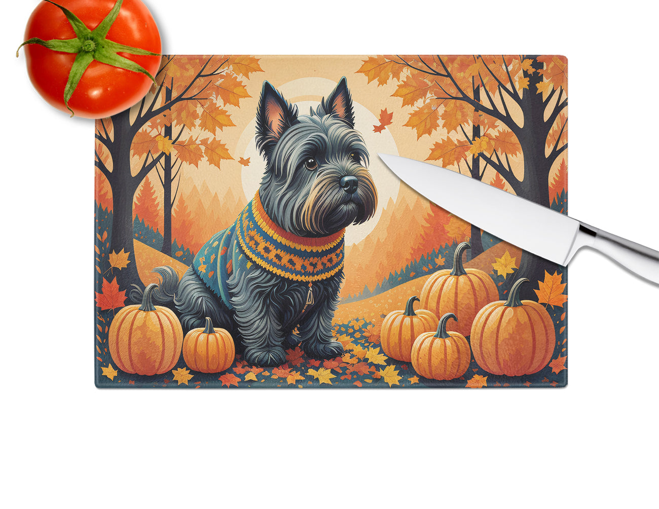 Scottish Terrier Fall Cutting Board Tempered Glass Kitchen Cutting Surface, Heat Resistant Chopping, Non-Slip Feet, Food Prep & Serving