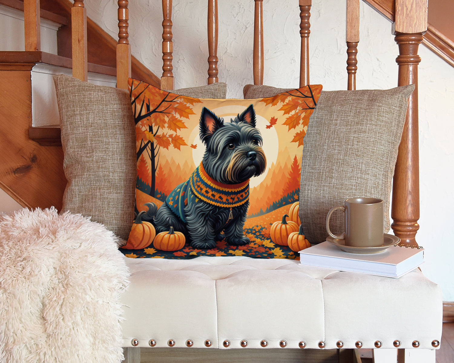 Scottish Terrier Fall Decorative Throw Pillow 14x14 Indoor Outdoor Accent Cushion, Fabric Cover with Insert for Sofa, Bed, Porch & Living Room