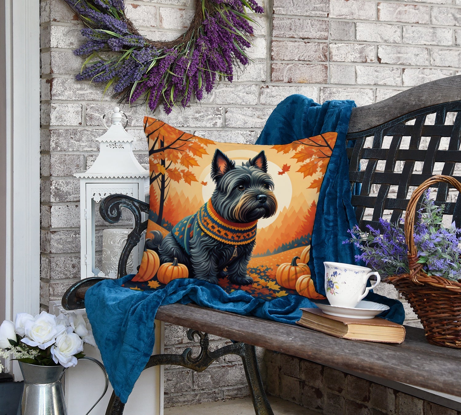 Scottish Terrier Fall Decorative Throw Pillow 18x18 Indoor Outdoor Accent Cushion, Fabric Cover with Insert for Sofa, Bed, Porch & Living Room