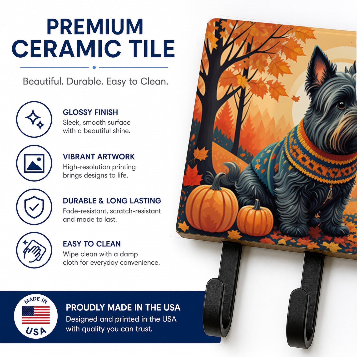 Scottish Terrier Fall Leash or Key Holder Wall Hooks, Coat Rack Wall Mount, for Hanging Keys, Towels, Aprons, Leashes