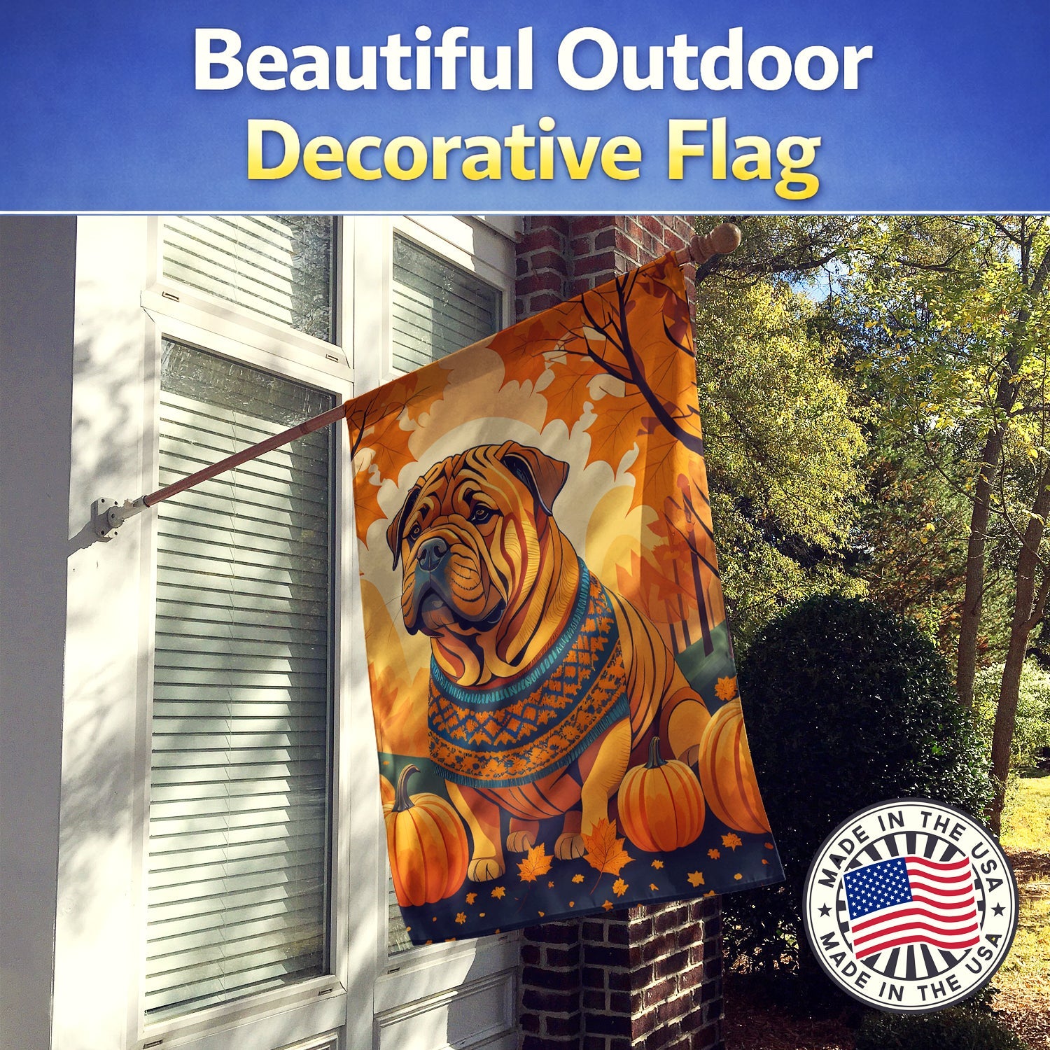 Shar Pei Fall House Flag 28x40 Porch Sleeve Pole Decorative Outside Yard Banner Artwork Wall Hanging, Polyester