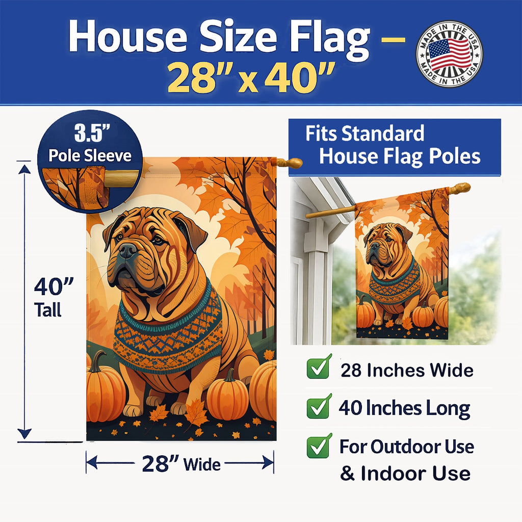 Shar Pei Fall House Flag 28x40 Porch Sleeve Pole Decorative Outside Yard Banner Artwork Wall Hanging, Polyester