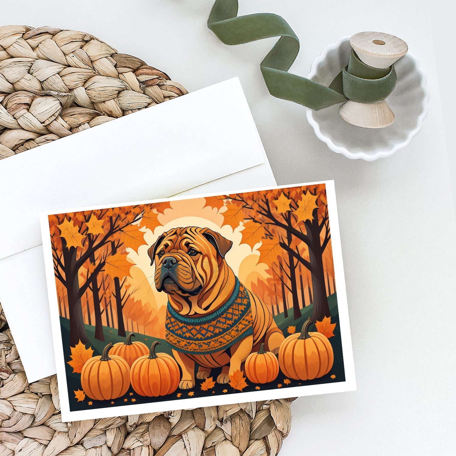 Shar Pei Fall Greeting Cards Pack of 8 Blank Cards with Envelopes Whimsical A7 Size 5x7