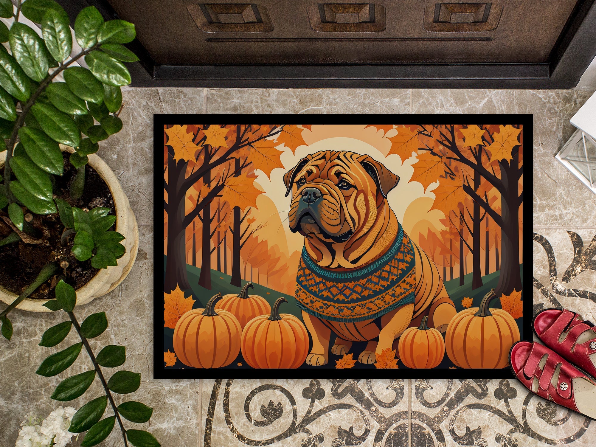 Shar Pei Fall Doormat Indoor Outdoor 24H X 36W Front Door Mat Rugs for Entryway, Non Slip Washable Low Pile,