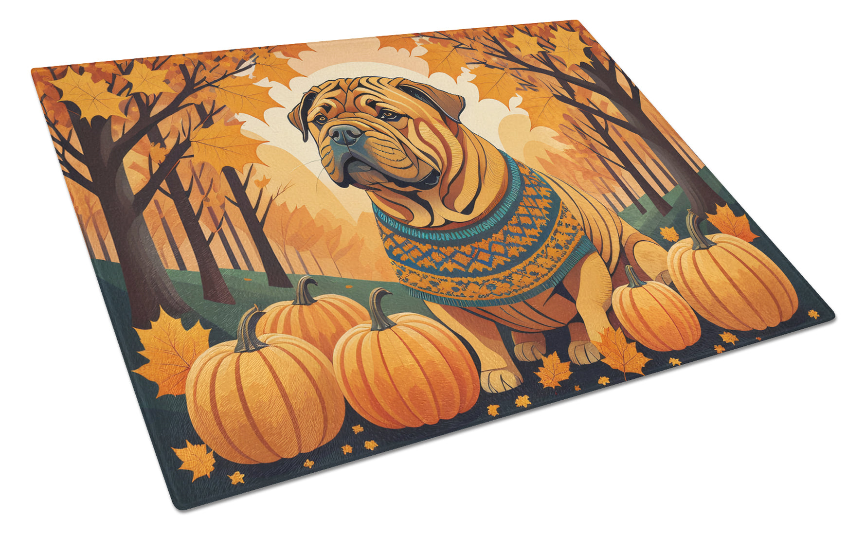 Shar Pei Fall Cutting Board Tempered Glass Kitchen Cutting Surface, Heat Resistant Chopping, Non-Slip Feet, Food Prep & Serving