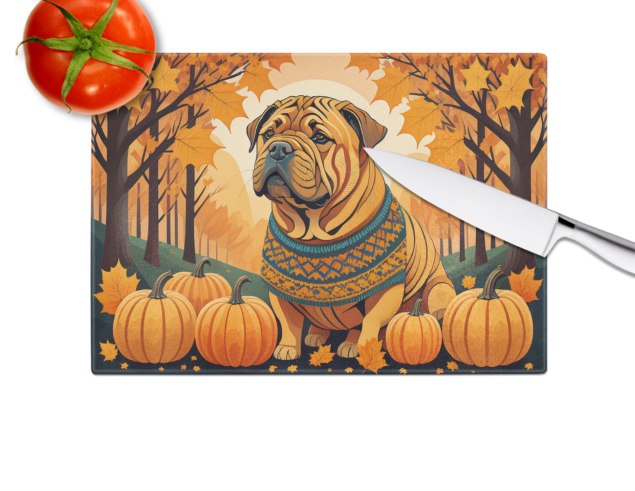 Shar Pei Fall Cutting Board Tempered Glass Kitchen Cutting Surface, Heat Resistant Chopping, Non-Slip Feet, Food Prep & Serving