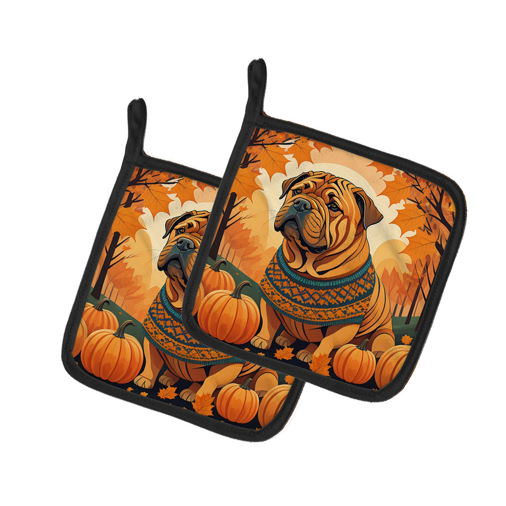 Shar Pei Fall Pot Holder Set of 2 Heat Resistant Quilted Hot Pads 7.5 x 7.5 Inch, Insulated Kitchen Trivets for Cooking & Baking
