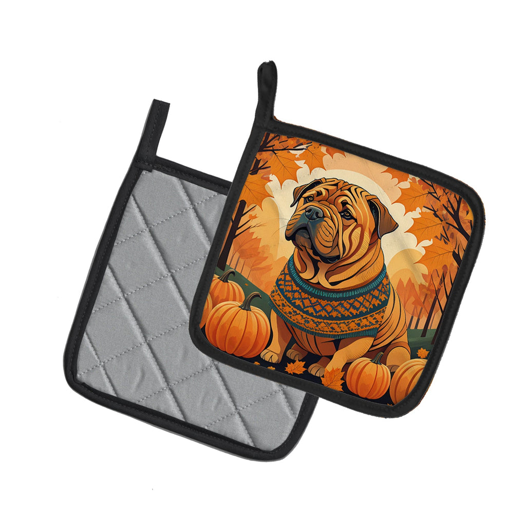 Shar Pei Fall Pot Holder Set of 2 Heat Resistant Quilted Hot Pads 7.5 x 7.5 Inch, Insulated Kitchen Trivets for Cooking & Baking