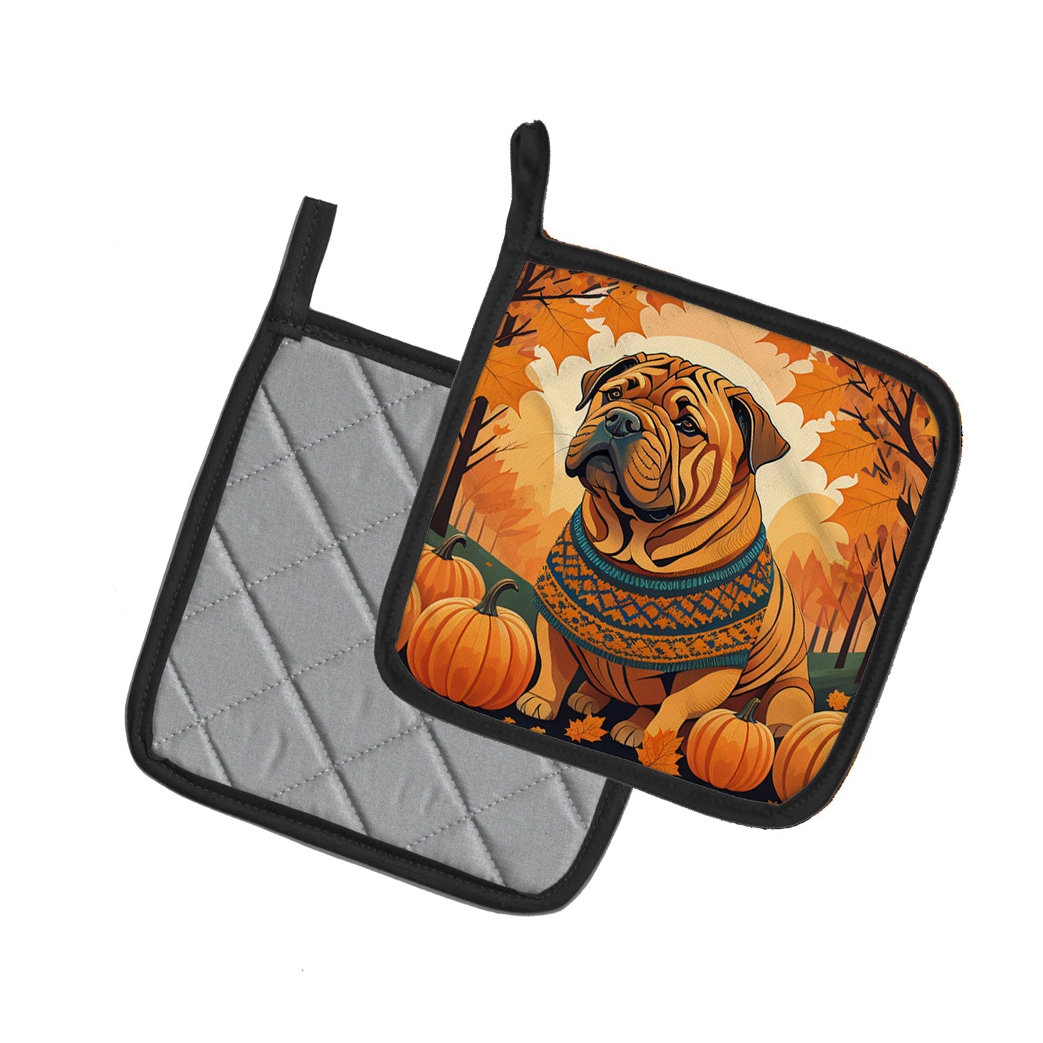 Shar Pei Fall Pot Holder Set of 2 Heat Resistant Quilted Hot Pads 7.5 x 7.5 Inch, Insulated Kitchen Trivets for Cooking & Baking