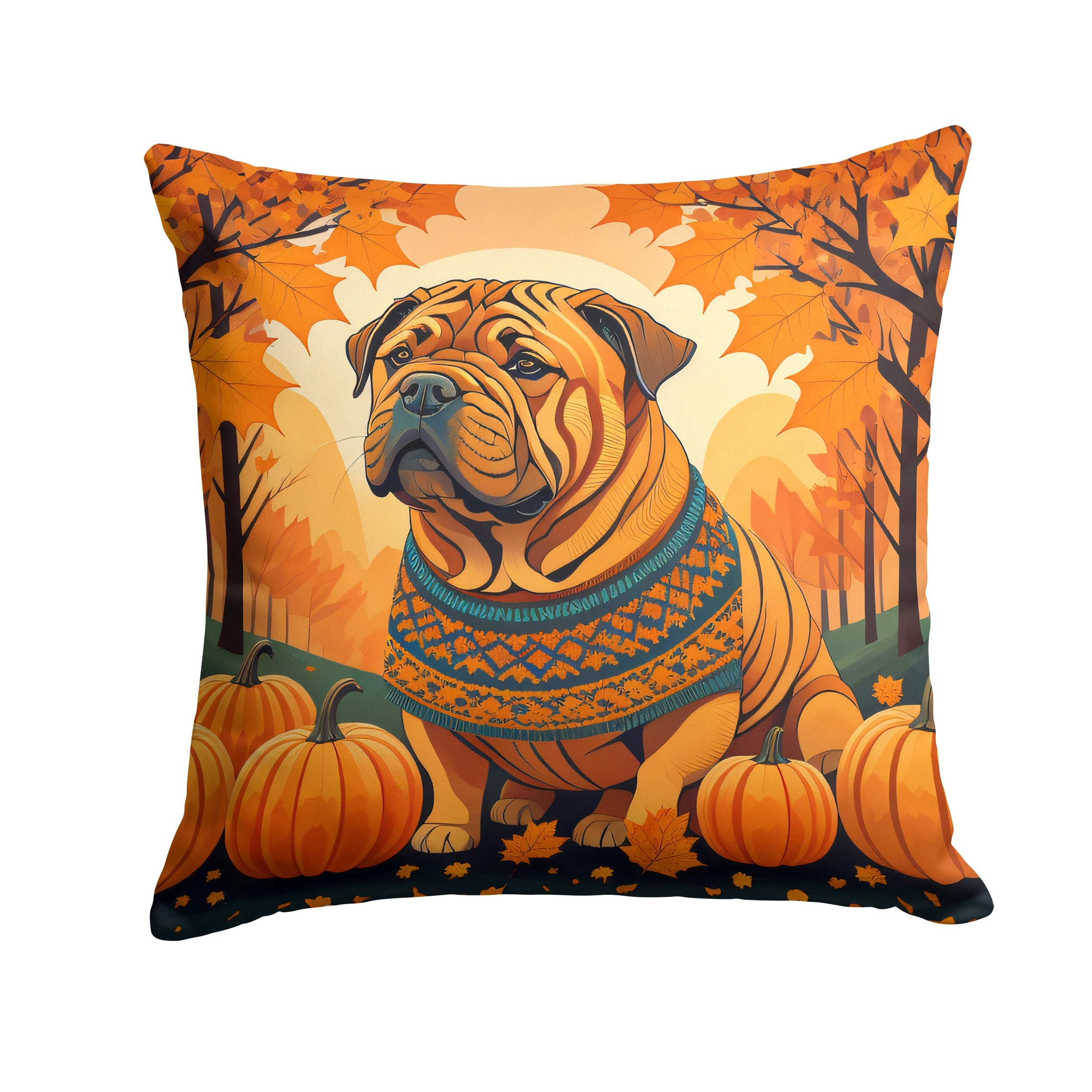Shar Pei Fall Decorative Throw Pillow 14x14 Indoor Outdoor Accent Cushion, Fabric Cover with Insert for Sofa, Bed, Porch & Living Room