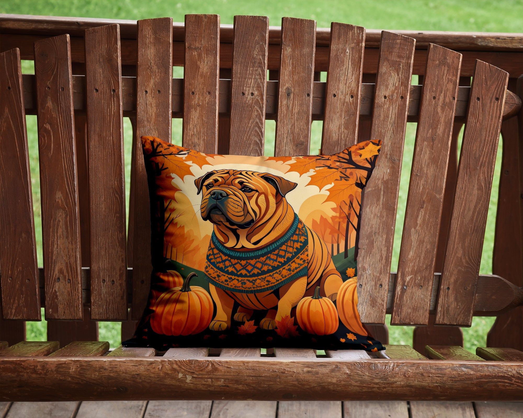 Shar Pei Fall Decorative Throw Pillow 14x14 Indoor Outdoor Accent Cushion, Fabric Cover with Insert for Sofa, Bed, Porch & Living Room