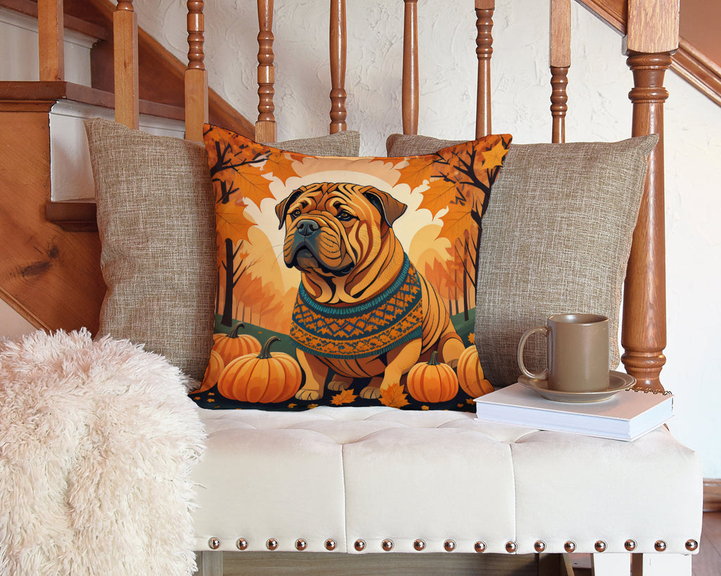 Shar Pei Fall Decorative Throw Pillow 14x14 Indoor Outdoor Accent Cushion, Fabric Cover with Insert for Sofa, Bed, Porch & Living Room