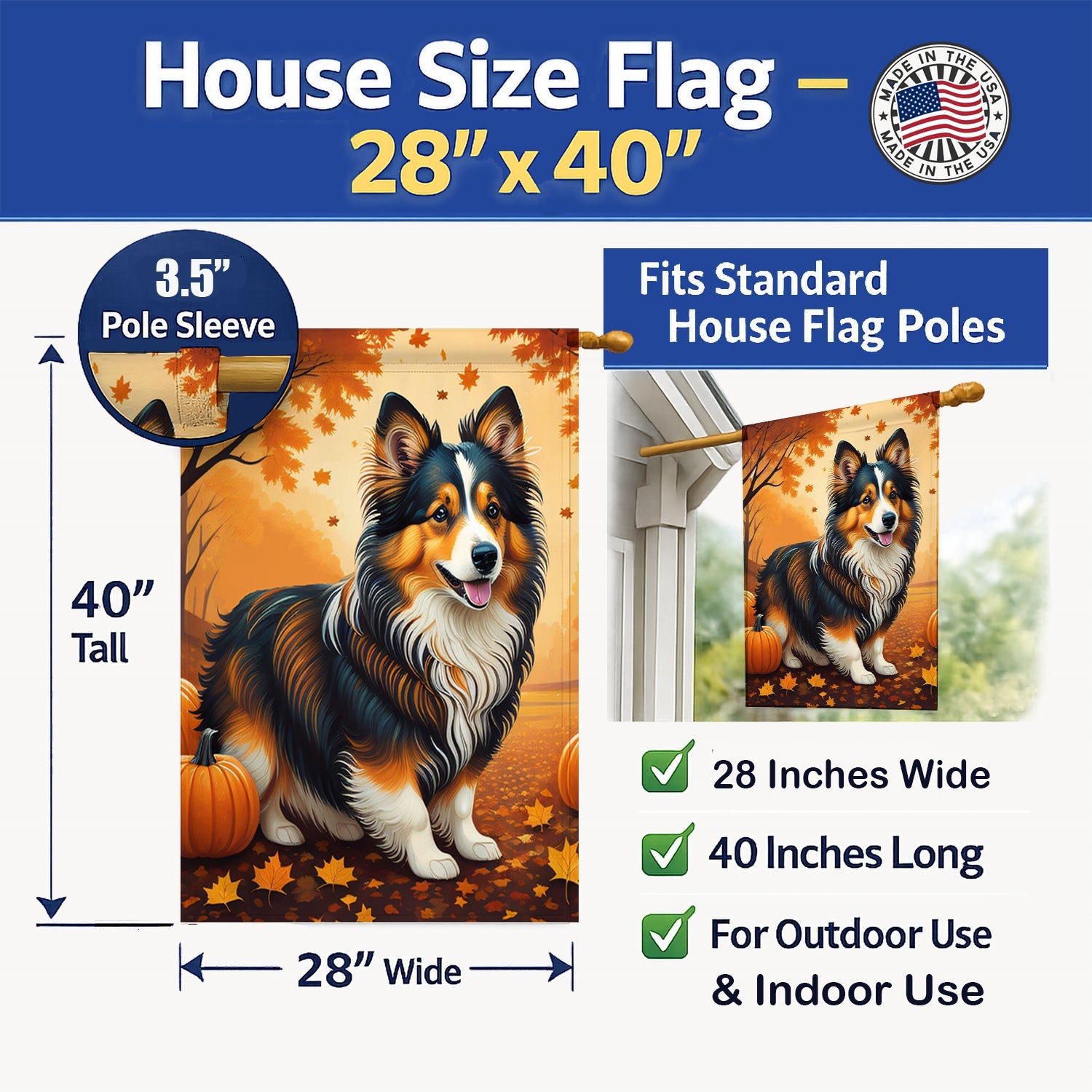 Sheltie Fall House Flag 28x40 Porch Sleeve Pole Decorative Outside Yard Banner Artwork Wall Hanging, Polyester