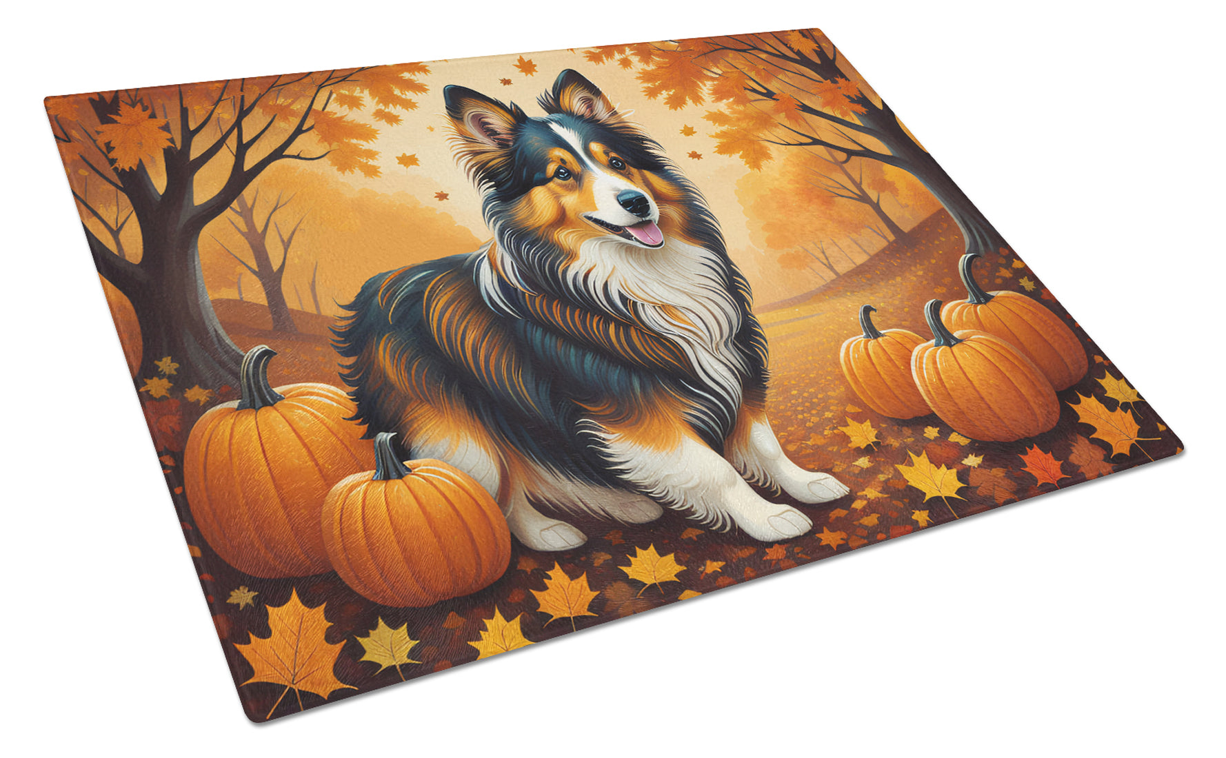 Sheltie Fall Cutting Board Tempered Glass Kitchen Cutting Surface, Heat Resistant Chopping, Non-Slip Feet, Food Prep & Serving