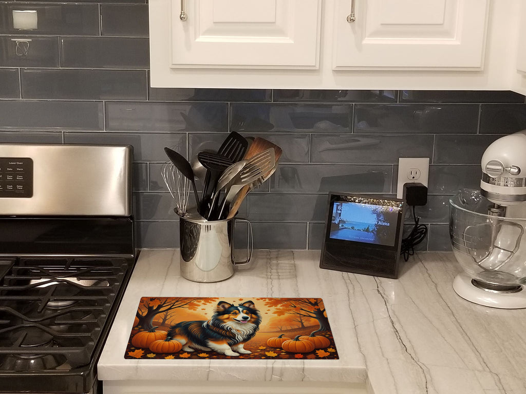Sheltie Fall Cutting Board Tempered Glass Kitchen Cutting Surface, Heat Resistant Chopping, Non-Slip Feet, Food Prep & Serving